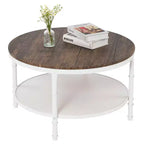 Table basse de style industriel avec panneau MDF rond à double couche de 78 cm en noyer foncé veiné noir, cadre en fer forgé blanc froissé