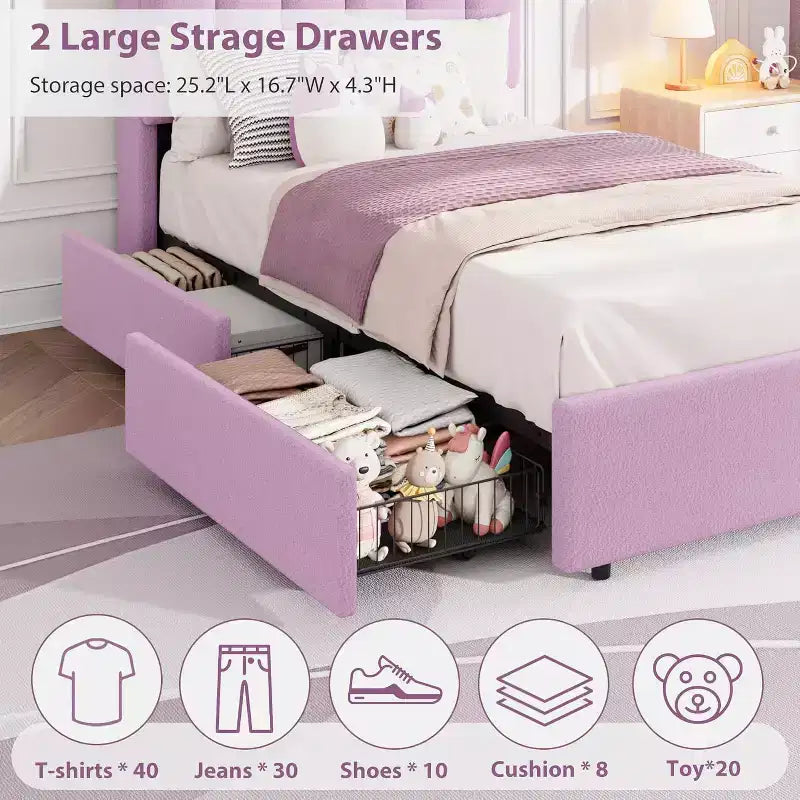 Lit Double avec Tête de Lit Ondulée Chic, Cadre de Lit Enfant avec 2 Tiroirs, Lit Plateforme Rembourré en Bouclette pour Filles
