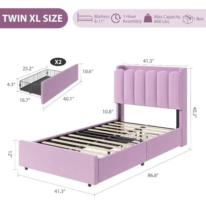 Lit Double avec Tête de Lit Ondulée Chic, Cadre de Lit Enfant avec 2 Tiroirs, Lit Plateforme Rembourré en Bouclette pour Filles