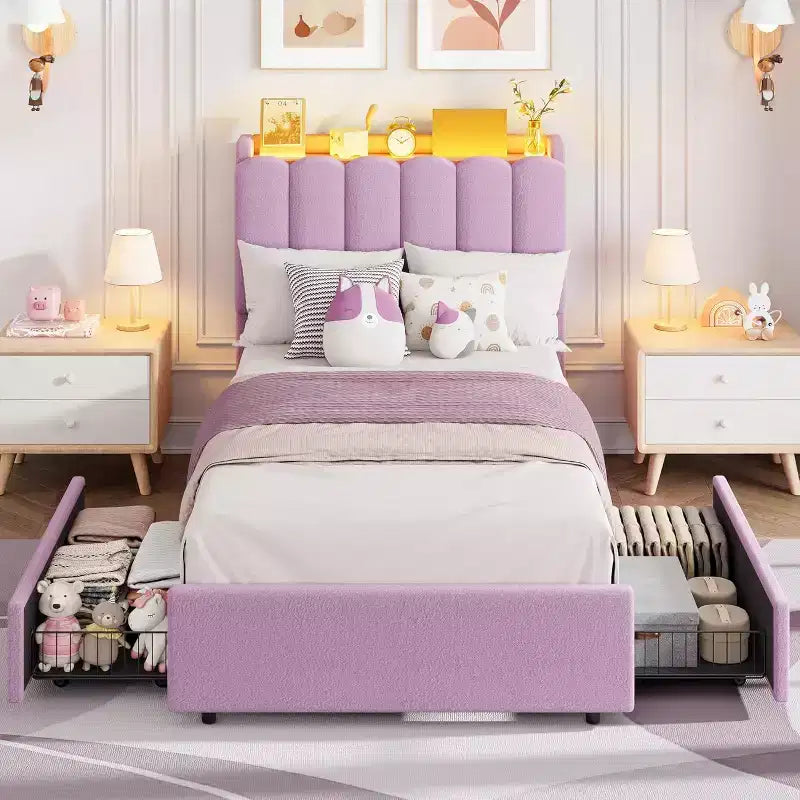 Lit Double avec Tête de Lit Ondulée Chic, Cadre de Lit Enfant avec 2 Tiroirs, Lit Plateforme Rembourré en Bouclette pour Filles