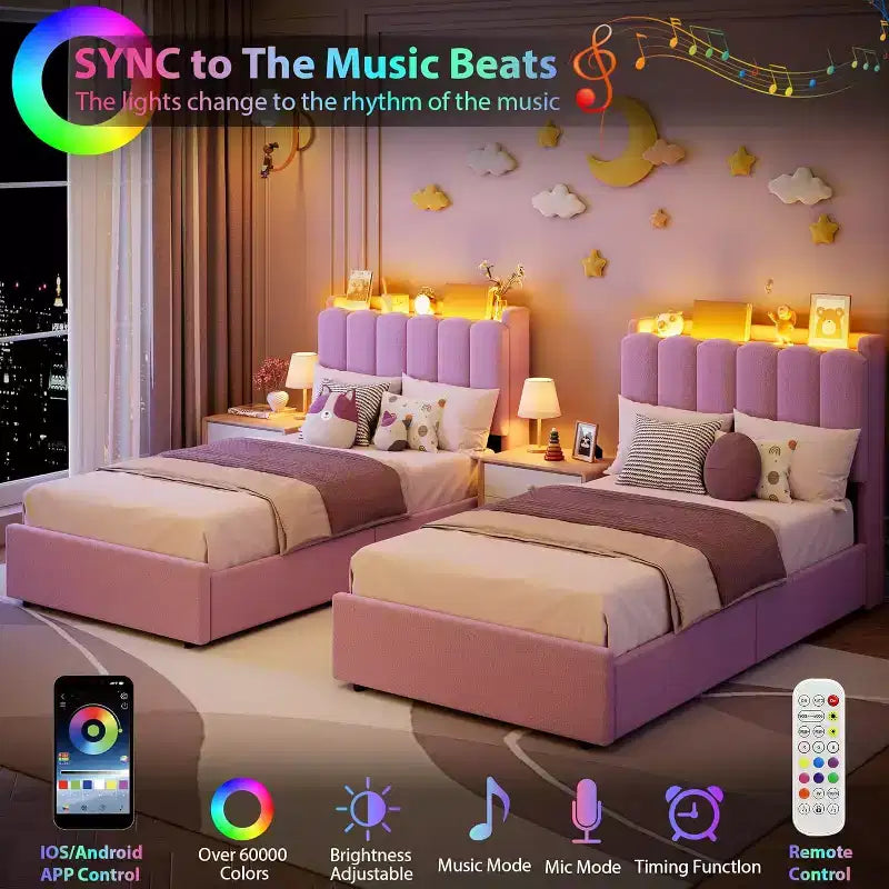Lit Double avec Tête de Lit Ondulée Chic, Cadre de Lit Enfant avec 2 Tiroirs, Lit Plateforme Rembourré en Bouclette pour Filles