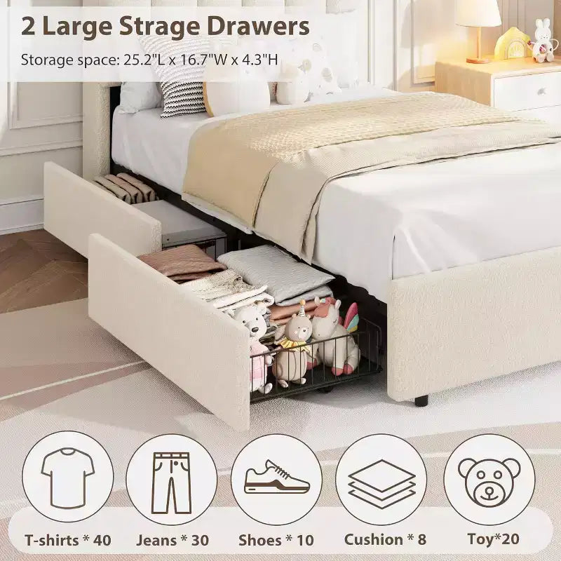 Lit Double avec Tête de Lit Ondulée Chic, Cadre de Lit Enfant avec 2 Tiroirs, Lit Plateforme Rembourré en Bouclette pour Filles