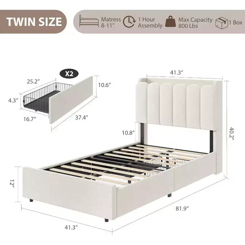 Lit Double avec Tête de Lit Ondulée Chic, Cadre de Lit Enfant avec 2 Tiroirs, Lit Plateforme Rembourré en Bouclette pour Filles