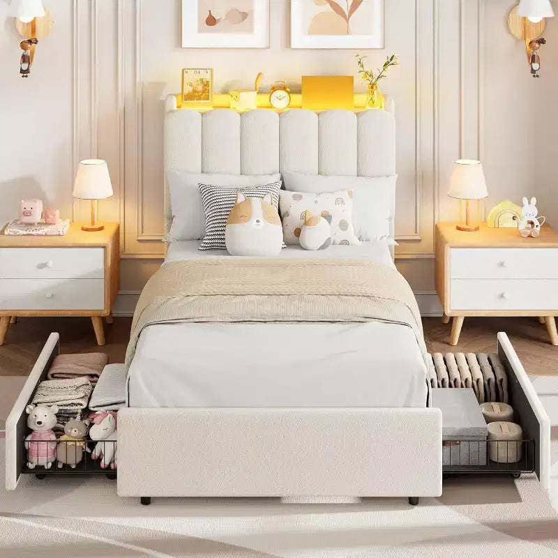 Lit Double avec Tête de Lit Ondulée Chic, Cadre de Lit Enfant avec 2 Tiroirs, Lit Plateforme Rembourré en Bouclette pour Filles