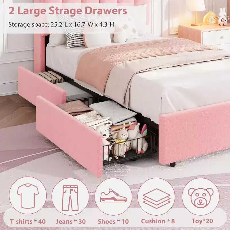 Lit Double avec Tête de Lit Ondulée Chic, Cadre de Lit Enfant avec 2 Tiroirs, Lit Plateforme Rembourré en Bouclette pour Filles