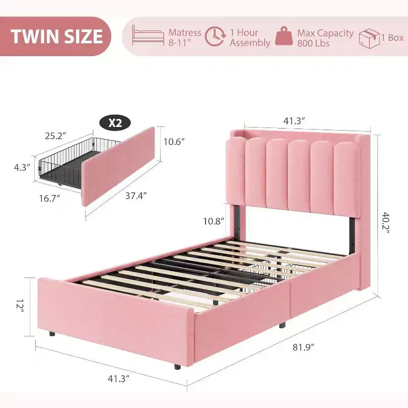 Lit Double avec Tête de Lit Ondulée Chic, Cadre de Lit Enfant avec 2 Tiroirs, Lit Plateforme Rembourré en Bouclette pour Filles
