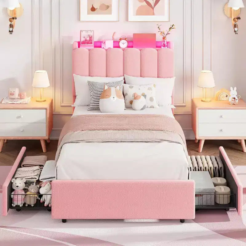 Lit Double avec Tête de Lit Ondulée Chic, Cadre de Lit Enfant avec 2 Tiroirs, Lit Plateforme Rembourré en Bouclette pour Filles