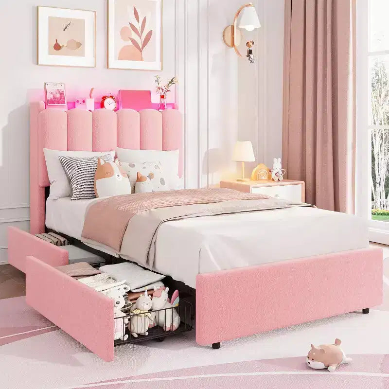 Full Size Bed Frame with Chic Wavy Headboard, Kids Bed Frame with 2 Drawers, Boucle Upholstered Platform Bed for Girls