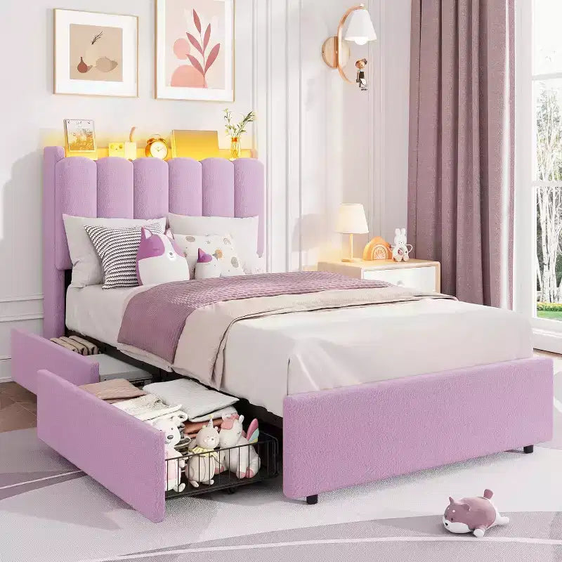 Lit Double avec Tête de Lit Ondulée Chic, Cadre de Lit Enfant avec 2 Tiroirs, Lit Plateforme Rembourré en Bouclette pour Filles