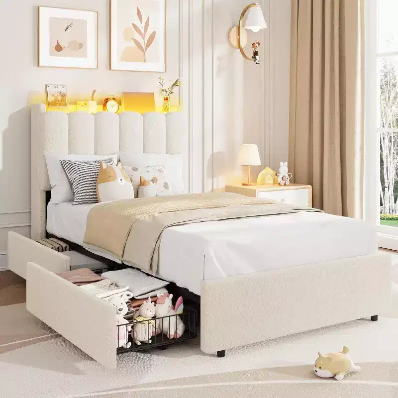 Lit Double avec Tête de Lit Ondulée Chic, Cadre de Lit Enfant avec 2 Tiroirs, Lit Plateforme Rembourré en Bouclette pour Filles