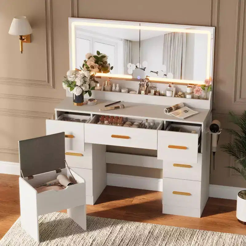 Coiffeuse avec grand miroir et lumières, 116,6 cm de large, 3 modes d'éclairage avec luminosité réglable, table de maquillage avec prise de courant et 8 tiroirs