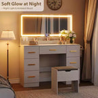 Coiffeuse avec grand miroir et lumières, 116,6 cm de large, 3 modes d'éclairage avec luminosité réglable, table de maquillage avec prise de courant et 8 tiroirs