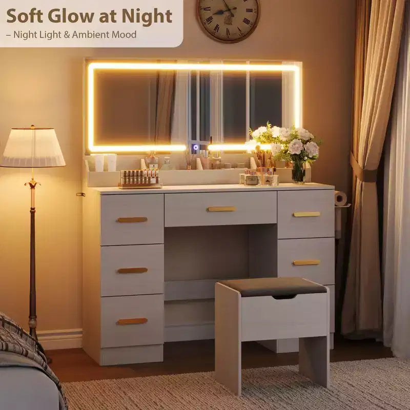 Coiffeuse avec grand miroir et lumières, 116,6 cm de large, 3 modes d'éclairage avec luminosité réglable, table de maquillage avec prise de courant et 8 tiroirs