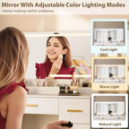 Coiffeuse avec grand miroir et lumières, 116,6 cm de large, 3 modes d'éclairage avec luminosité réglable, table de maquillage avec prise de courant et 8 tiroirs