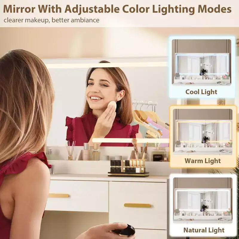 Coiffeuse avec grand miroir et lumières, 116,6 cm de large, 3 modes d'éclairage avec luminosité réglable, table de maquillage avec prise de courant et 8 tiroirs