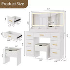 Coiffeuse avec grand miroir et lumières, 116,6 cm de large, 3 modes d'éclairage avec luminosité réglable, table de maquillage avec prise de courant et 8 tiroirs