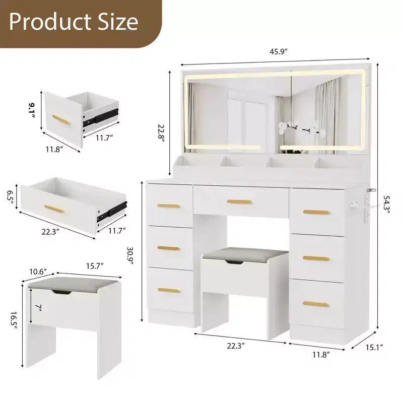 Coiffeuse avec grand miroir et lumières, 116,6 cm de large, 3 modes d'éclairage avec luminosité réglable, table de maquillage avec prise de courant et 8 tiroirs