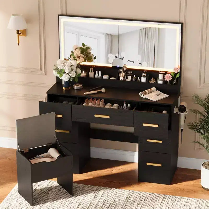 Coiffeuse avec grand miroir et lumières, 116,6 cm de large, 3 modes d'éclairage avec luminosité réglable, table de maquillage avec prise de courant et 8 tiroirs