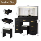 Coiffeuse avec grand miroir et lumières, 116,6 cm de large, 3 modes d'éclairage avec luminosité réglable, table de maquillage avec prise de courant et 8 tiroirs