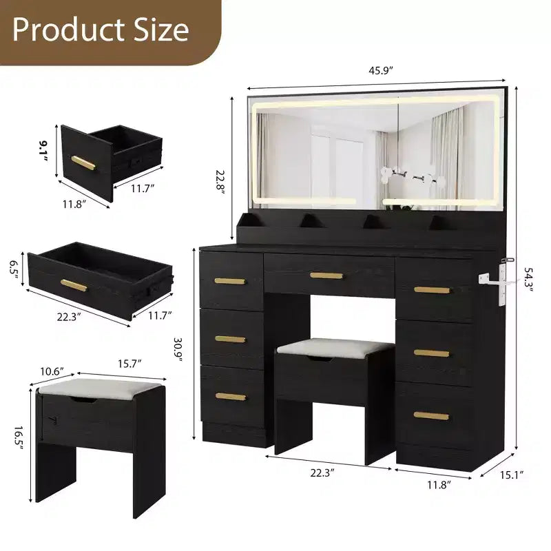 Coiffeuse avec grand miroir et lumières, 116,6 cm de large, 3 modes d'éclairage avec luminosité réglable, table de maquillage avec prise de courant et 8 tiroirs