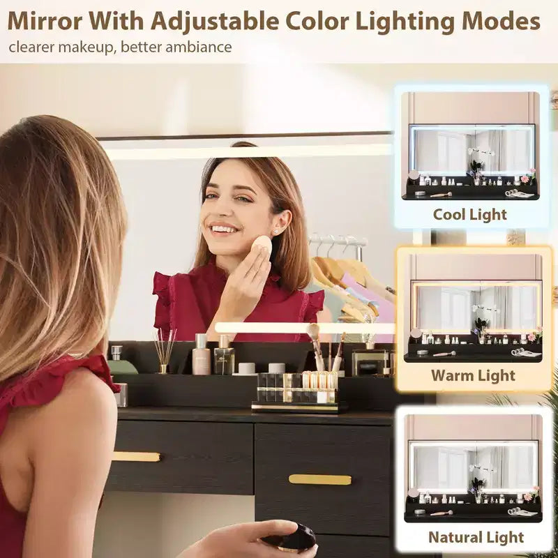 Coiffeuse avec grand miroir et lumières, 116,6 cm de large, 3 modes d'éclairage avec luminosité réglable, table de maquillage avec prise de courant et 8 tiroirs