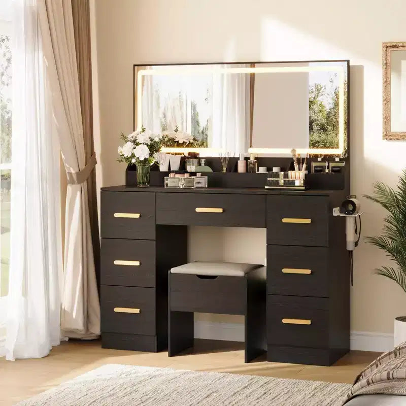 Coiffeuse avec grand miroir et lumières, 116,6 cm de large, 3 modes d'éclairage avec luminosité réglable, table de maquillage avec prise de courant et 8 tiroirs