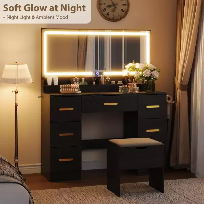 Coiffeuse avec grand miroir et lumières, 116,6 cm de large, 3 modes d'éclairage avec luminosité réglable, table de maquillage avec prise de courant et 8 tiroirs