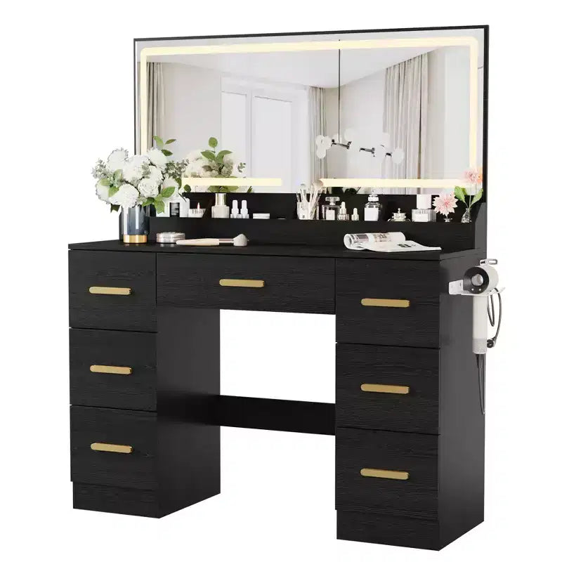 Vanity Desk with Large Mirror and Lights, 45.9In Makeup Vanity Desk, 3 Lighting Modes Adjustable Brightness, Vanity Table with Power Outlet &8 Drawers