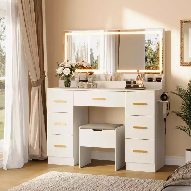 Coiffeuse avec grand miroir et lumières, 116,6 cm de large, 3 modes d'éclairage avec luminosité réglable, table de maquillage avec prise de courant et 8 tiroirs