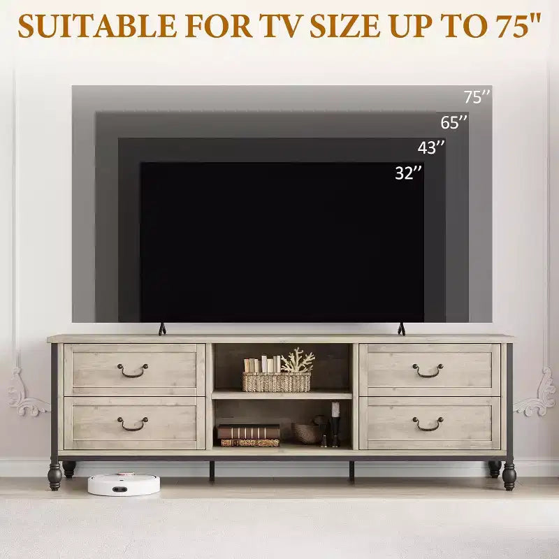 Meuble TV gris rustique de 65 po, meuble de divertissement moderne du milieu du siècle pour salon avec rangement et étagères réglables, convient aux téléviseurs jusqu'à 75 po