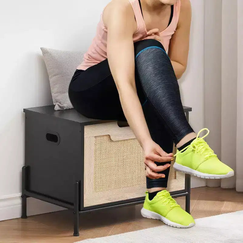 Banc de rangement en rotin avec charnière de sécurité, banc d'entrée de 60/100 cm avec rangement, banc de rangement pour chaussures, banc de bout de lit avec poignées latérales