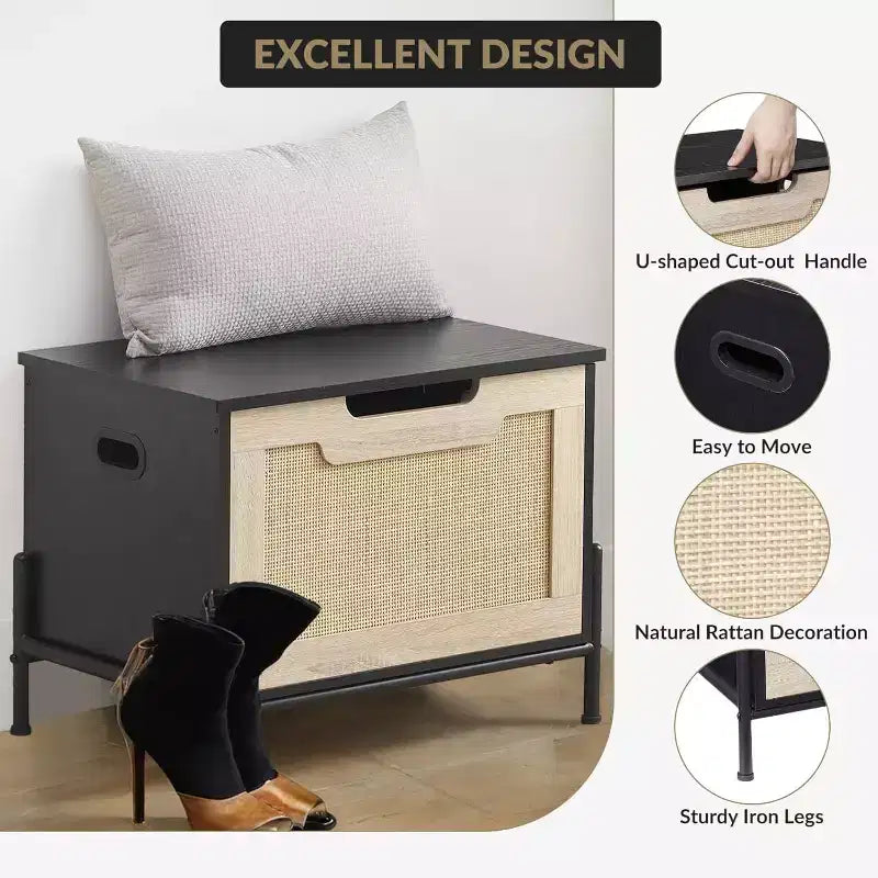 Banc de rangement en rotin avec charnière de sécurité, banc d'entrée de 60/100 cm avec rangement, banc de rangement pour chaussures, banc de bout de lit avec poignées latérales