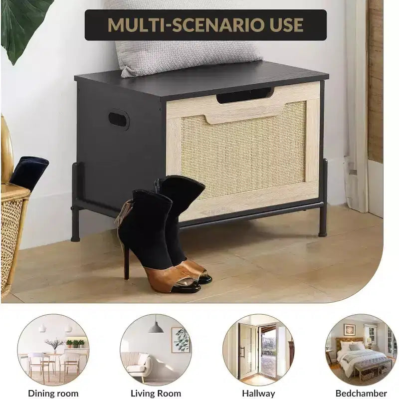 Banc de rangement en rotin avec charnière de sécurité, banc d'entrée de 60/100 cm avec rangement, banc de rangement pour chaussures, banc de bout de lit avec poignées latérales