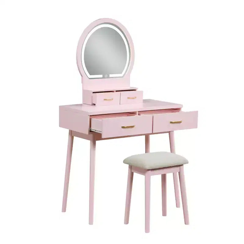Table de toilette de luxe avec magnifique miroir et lumières, coiffeuse de rangement avec tiroirs et tabouret, ensemble de table de maquillage de princesse pour chambres à coucher