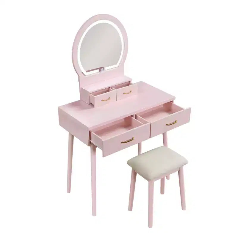 Table de toilette de luxe avec magnifique miroir et lumières, coiffeuse de rangement avec tiroirs et tabouret, ensemble de table de maquillage de princesse pour chambres à coucher