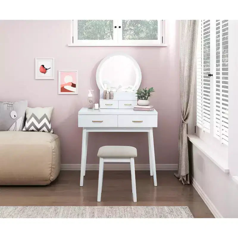 Table de toilette de luxe avec magnifique miroir et lumières, coiffeuse de rangement avec tiroirs et tabouret, ensemble de table de maquillage de princesse pour chambres à coucher