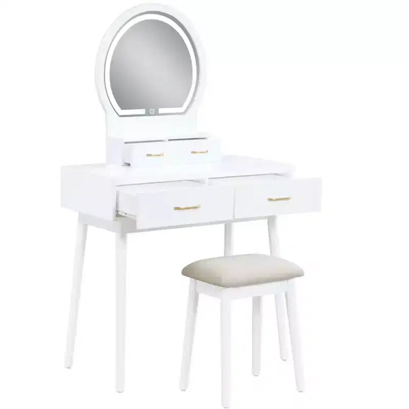 Table de toilette de luxe avec magnifique miroir et lumières, coiffeuse de rangement avec tiroirs et tabouret, ensemble de table de maquillage de princesse pour chambres à coucher