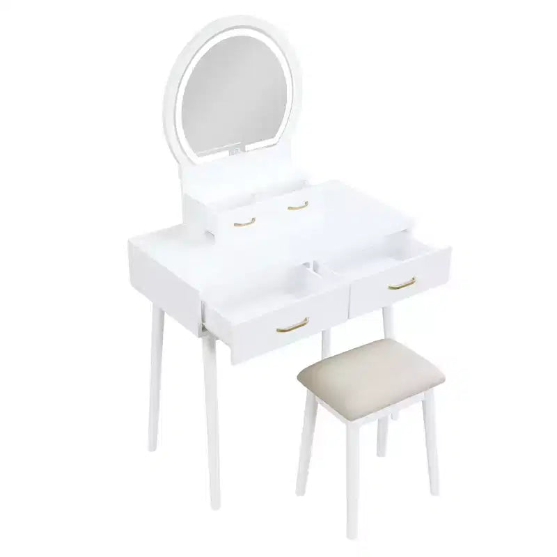 Table de toilette de luxe avec magnifique miroir et lumières, coiffeuse de rangement avec tiroirs et tabouret, ensemble de table de maquillage de princesse pour chambres à coucher