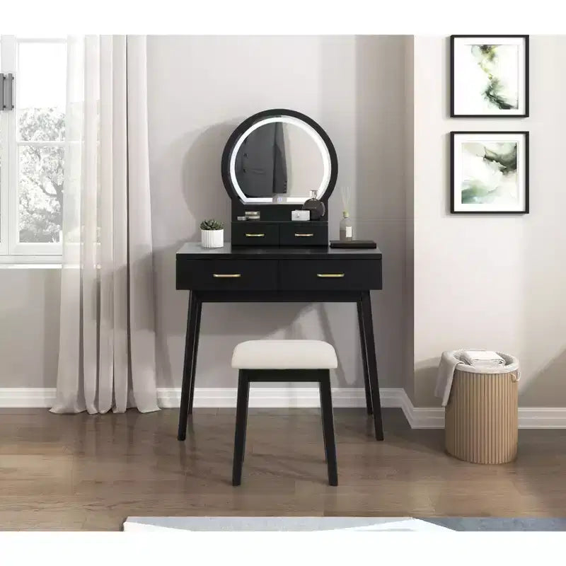 Table de toilette de luxe avec magnifique miroir et lumières, coiffeuse de rangement avec tiroirs et tabouret, ensemble de table de maquillage de princesse pour chambres à coucher