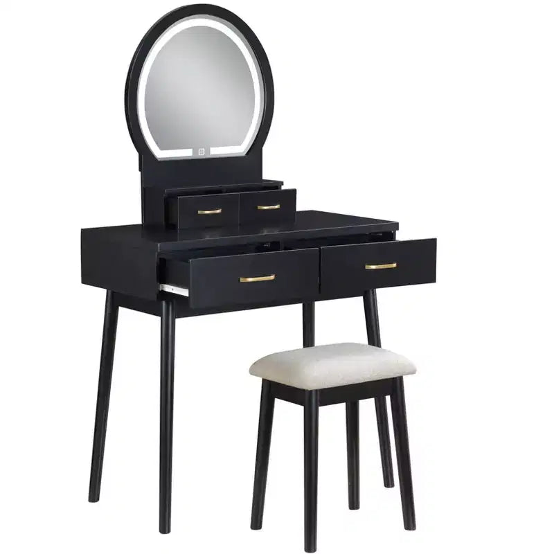 Table de toilette de luxe avec magnifique miroir et lumières, coiffeuse de rangement avec tiroirs et tabouret, ensemble de table de maquillage de princesse pour chambres à coucher