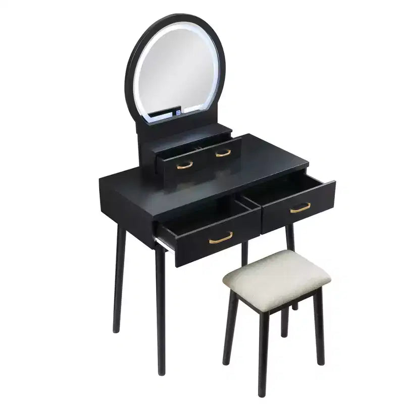 Table de toilette de luxe avec magnifique miroir et lumières, coiffeuse de rangement avec tiroirs et tabouret, ensemble de table de maquillage de princesse pour chambres à coucher