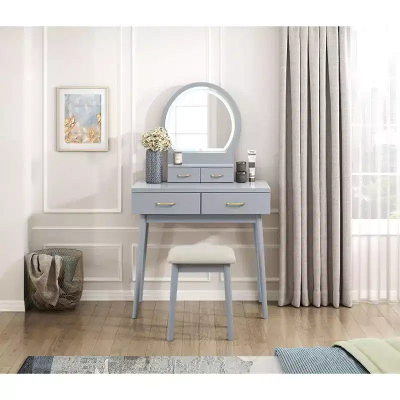 Table de toilette de luxe avec magnifique miroir et lumières, coiffeuse de rangement avec tiroirs et tabouret, ensemble de table de maquillage de princesse pour chambres à coucher