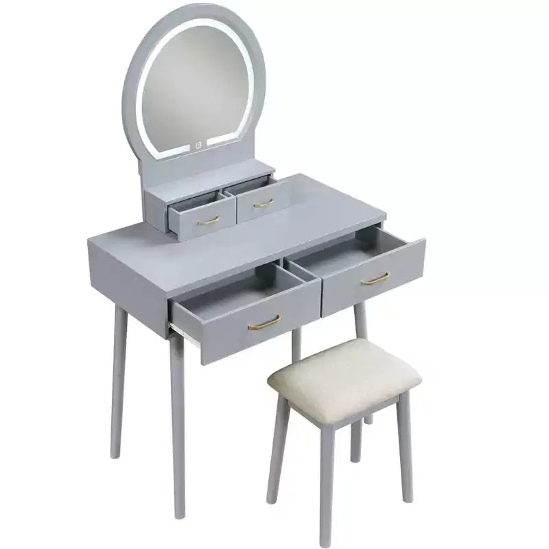 Table de toilette de luxe avec magnifique miroir et lumières, coiffeuse de rangement avec tiroirs et tabouret, ensemble de table de maquillage de princesse pour chambres à coucher