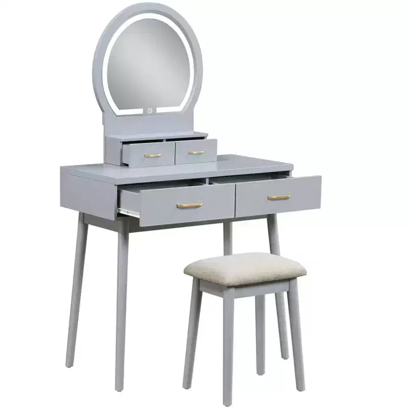 Table de toilette de luxe avec magnifique miroir et lumières, coiffeuse de rangement avec tiroirs et tabouret, ensemble de table de maquillage de princesse pour chambres à coucher