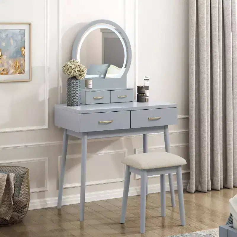 Table de toilette de luxe avec magnifique miroir et lumières, coiffeuse de rangement avec tiroirs et tabouret, ensemble de table de maquillage de princesse pour chambres à coucher