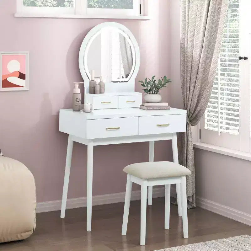 Table de toilette de luxe avec magnifique miroir et lumières, coiffeuse de rangement avec tiroirs et tabouret, ensemble de table de maquillage de princesse pour chambres à coucher