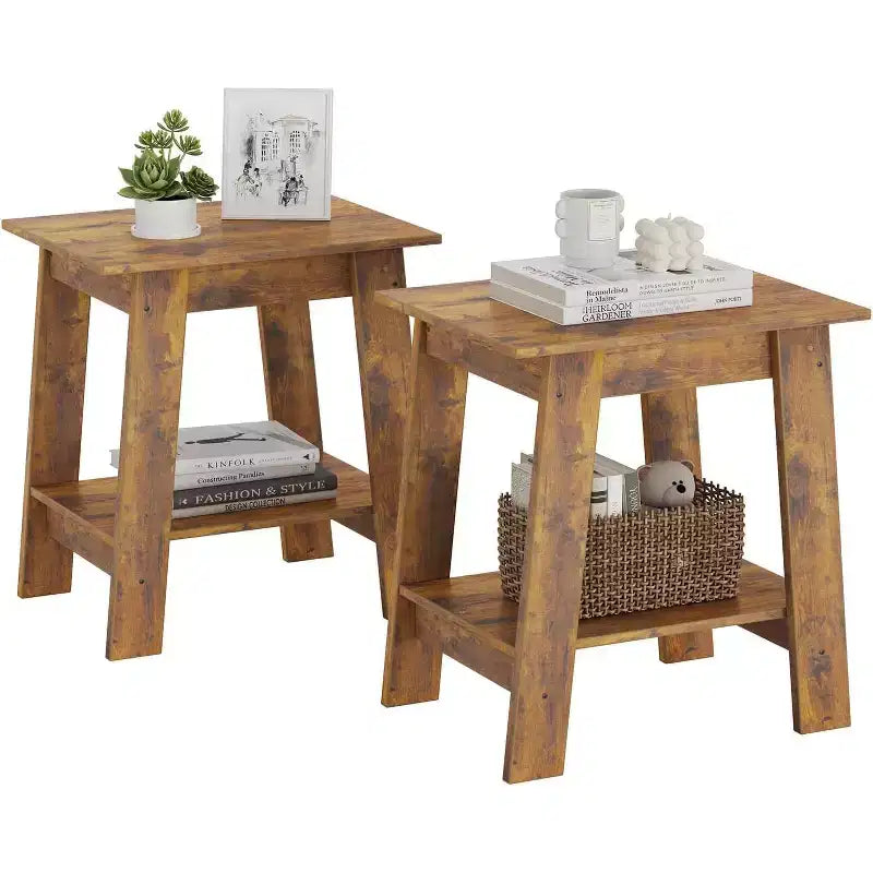Table d'appoint, Petite table d'appoint, Chevet avec étagère de rangement à 2 niveaux, Lot de 2 tables d'appoint étroites pour Salon, Petits espaces, Chambre Marron