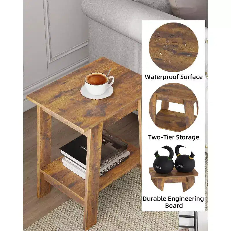Table d'appoint, Petite table d'appoint, Chevet avec étagère de rangement à 2 niveaux, Lot de 2 tables d'appoint étroites pour Salon, Petits espaces, Chambre Marron