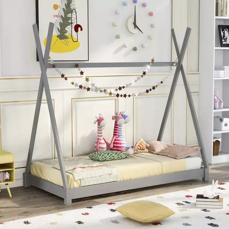 Wood Twin Bed Frame for Boys and Girls, Montessori Twin Size Tent Design Floor Height Platform Bed House Bed Frame