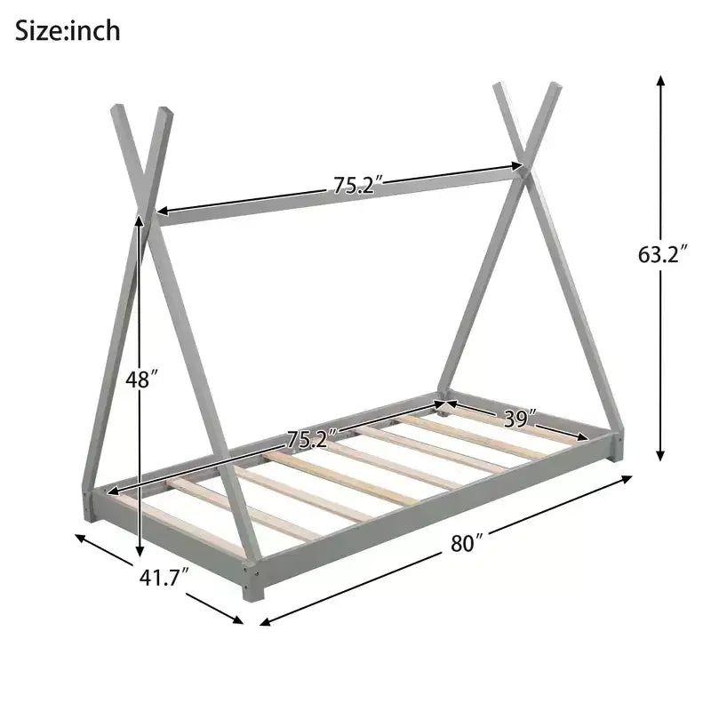 Cadre de lit double en bois pour garçons et filles, lit plateforme Montessori de taille double au ras du sol en forme de tente, cadre de lit cabane